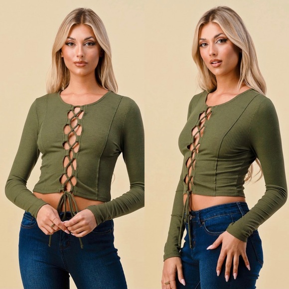 Tops - Lace up cropped ribbed top in olive green